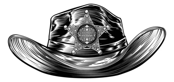 Kovboy Şerif Şapkası Yıldız Rozeti Eski Moda Ahşap Oyma Stili — Stok Vektör