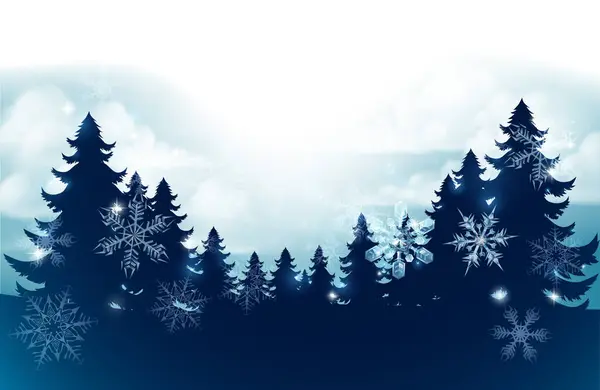 Silhouette Christmas Evergreen Trees Winter Sky Scene Snow Falling Snowflakes — Stock Vector