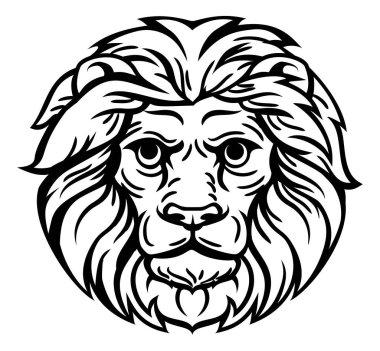 Aslan suratlı bir aslanın eski moda tahta blok tarzında bir resmi.