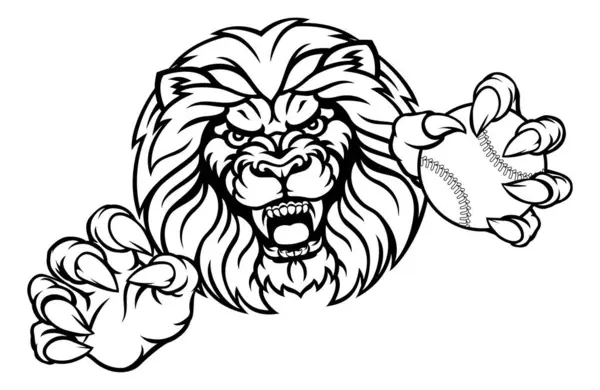 Ein Löwe Wütend Tier Sport Maskottchen Hält Einen Baseballball — Stockvektor