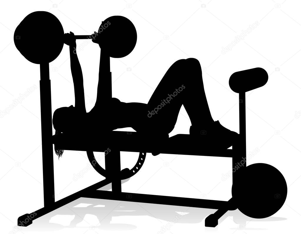 A woman in silhouette using weights bench and barbell fitness exercise gym equipment