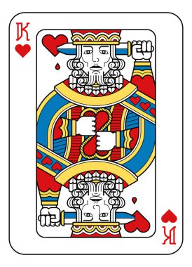 Sarı, kırmızı, mavi ve siyah renkli iskambil kağıtlarının kralı. Yeni, orijinal, tam güverte tasarımından. Standart poker boyutu.