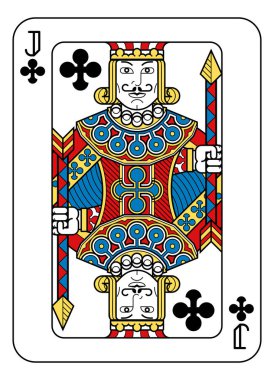 Sarı, kırmızı, mavi ve siyah renkli Sinek Valesi iskambil kâğıdı. Yeni, orijinal tam deste dizaynından. Standart poker boyutu.