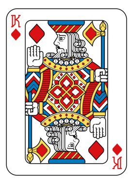 Karo papazı sarı, kırmızı, mavi ve siyah renkli yeni bir modern orijinal deste tasarımından. Standart poker boyutu.