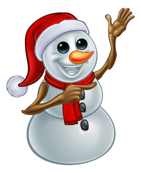 Christmas Snowman Cartoon Character Santa Claus Hat Ponting His Finger — Stock Vector