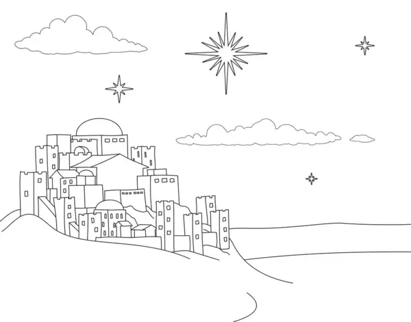 Eine Weihnachtskrippe Färbung Karikatur Mit Der Stadt Bethlehem Und Dem — Stockvektor