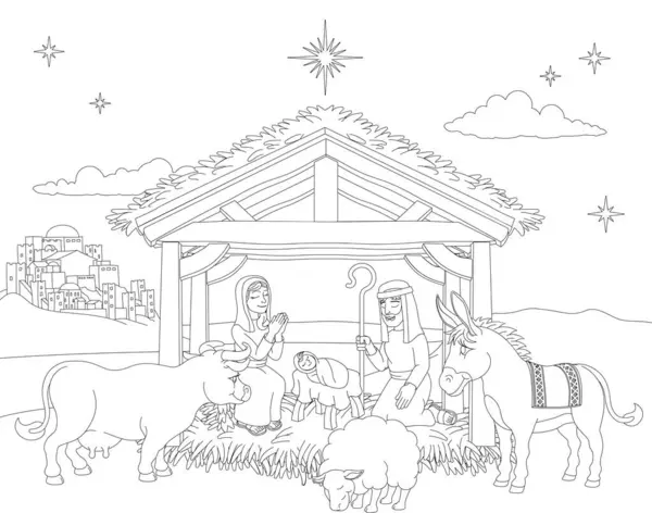 Christmas Nativity Coloring Scene Cartoon Baby Jesus Mary Joseph Manger — Stock Vector