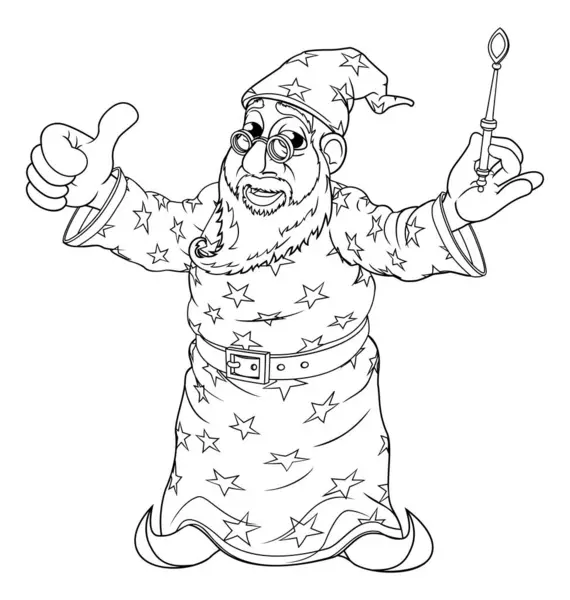 Charakter Kresleného Průvodce Držící Kouzelnou Hůlku Obrys Zbarvení Kresby — Stockový vektor