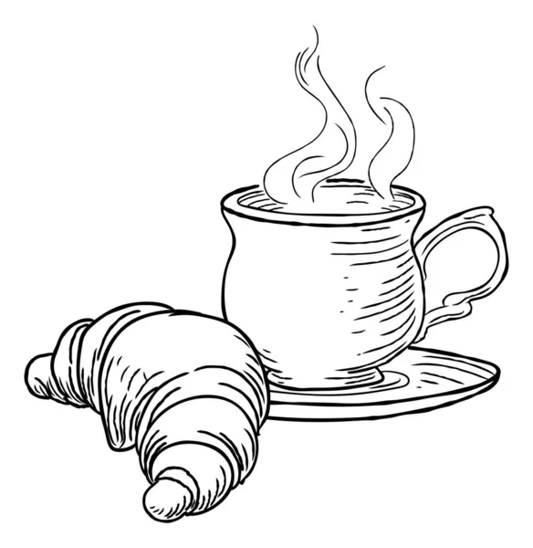 Парова Чашка Чаю Або Кави Круасан Французької Випічки Малюють Ретро Стоковий вектор