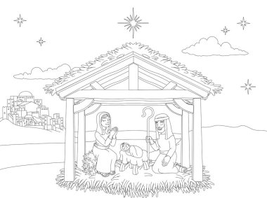 Bebek İsa, Meryem ve Yusuf 'un yemlikte olduğu bir Noel İsa' nın doğumu boyama sahnesi. Beytüllahim şehri ve yukarıdaki yıldız. Hıristiyan dini illüstrasyon.