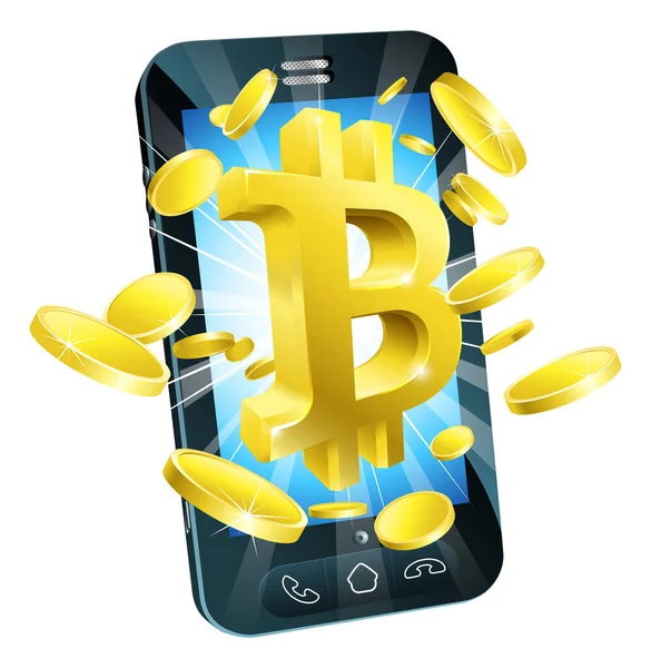 Bitcoin Sign Symbol Gold Coins Mobile Phone Concept — Stock Vector