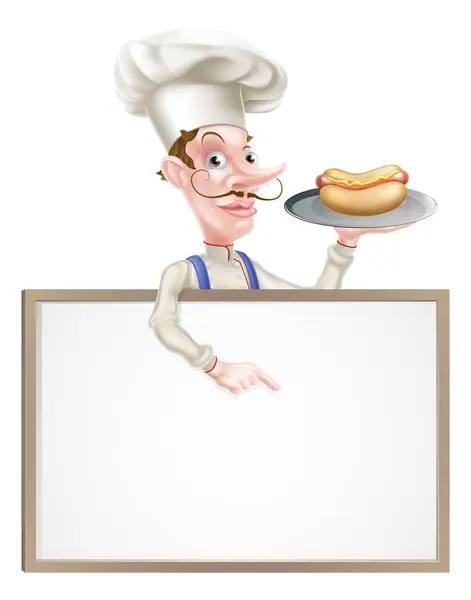 Illustration Chef Bande Dessinée Tenant Hot Dog Pointant Doigt Signe — Image vectorielle