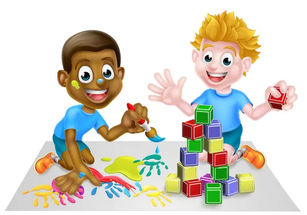 Cartoon Boys Playing Toys One Black One White Paint Building — Stock Vector