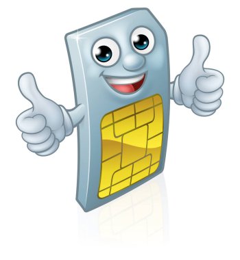 Cep telefonu sim kartı çizgi film karakteri maskotu çifte onay veriyor.