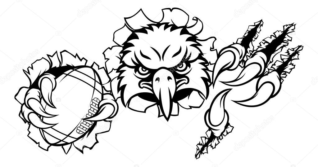 An eagle bird American football sports mascot cartoon character ripping through the background holding a ball