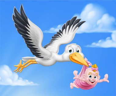 Bir leylek ya da turna kuşu gökyüzünde uçar ve hamilelik efsanesindeki gibi yeni doğmuş bir bebeği taşır..