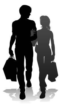 People silhouette of a young man and woman, probably a couple or husband and wife shopping holding retail bags clipart