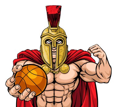 Bir Spartalı ya da Truva savaşçısı basketbol maskotu elinde top tutuyor.
