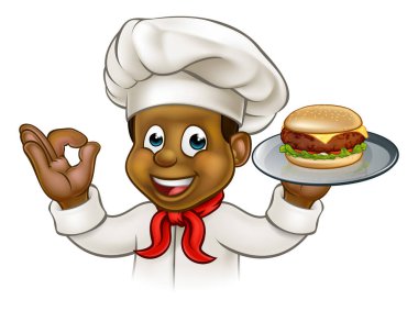 Çizgi film karakterinde peynirli burger tutan bir şef.