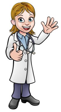 Kadın bir doktor çizgi film karakteri el sallıyor ve baş parmak sallıyor.