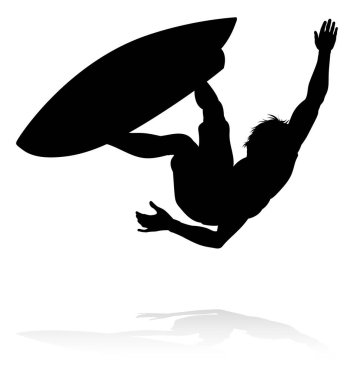 A high quality detailed silhouette of a surfer surfing the waves on his surfboard clipart
