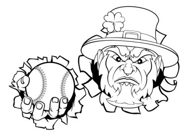 A leprechaun baseball sports mascot holding a ball and tearing through the background. clipart
