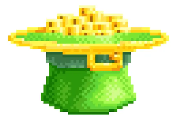 Patricks Day Leprechaun Hat Full Gold Coins Icon Pixel Art — Stock Vector
