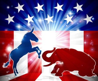 Arka planda demokrat ve cumhuriyetçi siyasi maskotlar olan Amerikan bayrağıyla yüzleşen siluetli bir fil ve eşek.