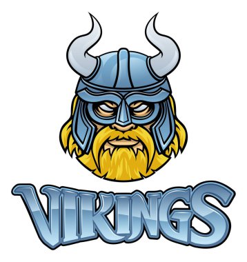 Metin resimli kask takmış Viking spor maskotu