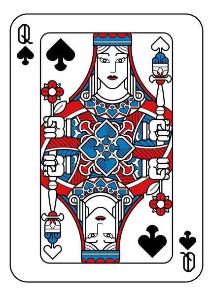 Eine Spielkarte Pik Dame Rot Blau Und Schwarz Aus Einem — Stockvektor