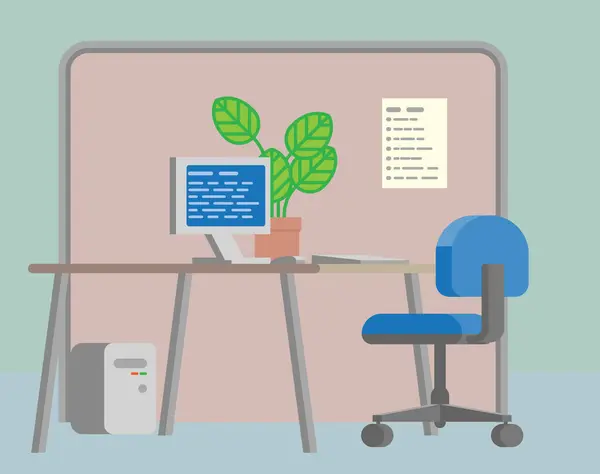 コンピュータデスクと椅子のフラットスタイルの漫画の背景を持つオフィスインテリア — ストックベクタ