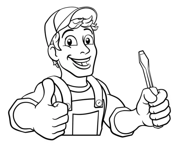 电工杂工手握电工螺丝刀工具卡通建筑吉祥物 看了看标牌 竖起大拇指 — 图库矢量图片