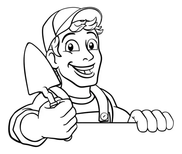 Construction Site Handyman Builder Man Holding Trowel Tool Cartoon Mascot — Stock Vector