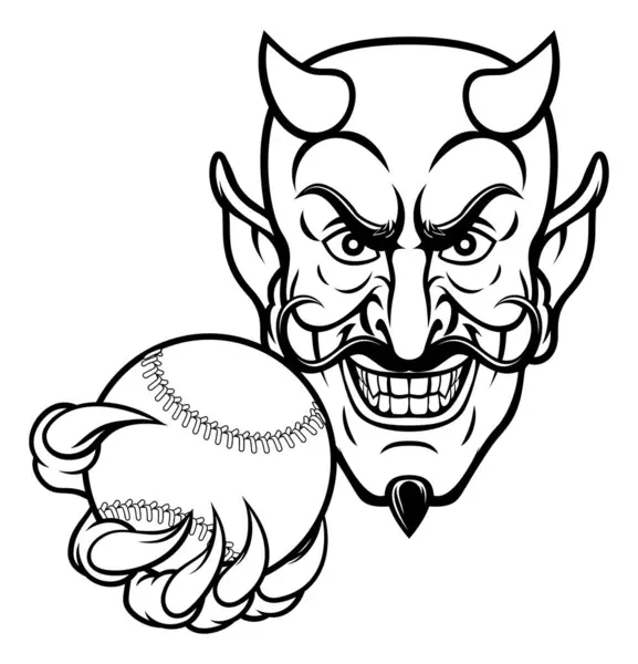 一个拿着棒球球的魔鬼卡通人物运动吉祥物 — 图库矢量图片