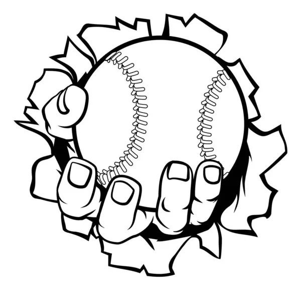一只强壮的手握住棒球球 从后面撕破 体育图形 — 图库矢量图片
