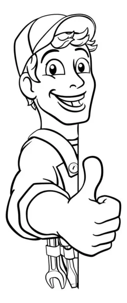 Handyman Cartoon Character Caretaker Construction Man Peeking Sign Giving Thumbs — Stock Vector