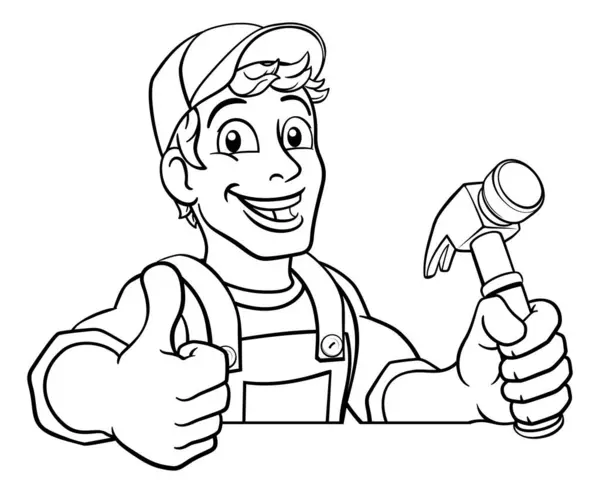 卡通人物拿着锤子的木匠或建筑工人建筑维修人员或Diy字符吉祥物 举起一个大拇指 偷看一个标志 — 图库矢量图片