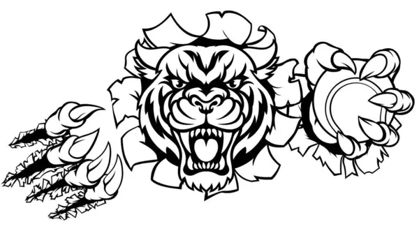 Tiger Angry Animal Sports Mascot Holding Tennis Ball Breaking Background Vector Graphics