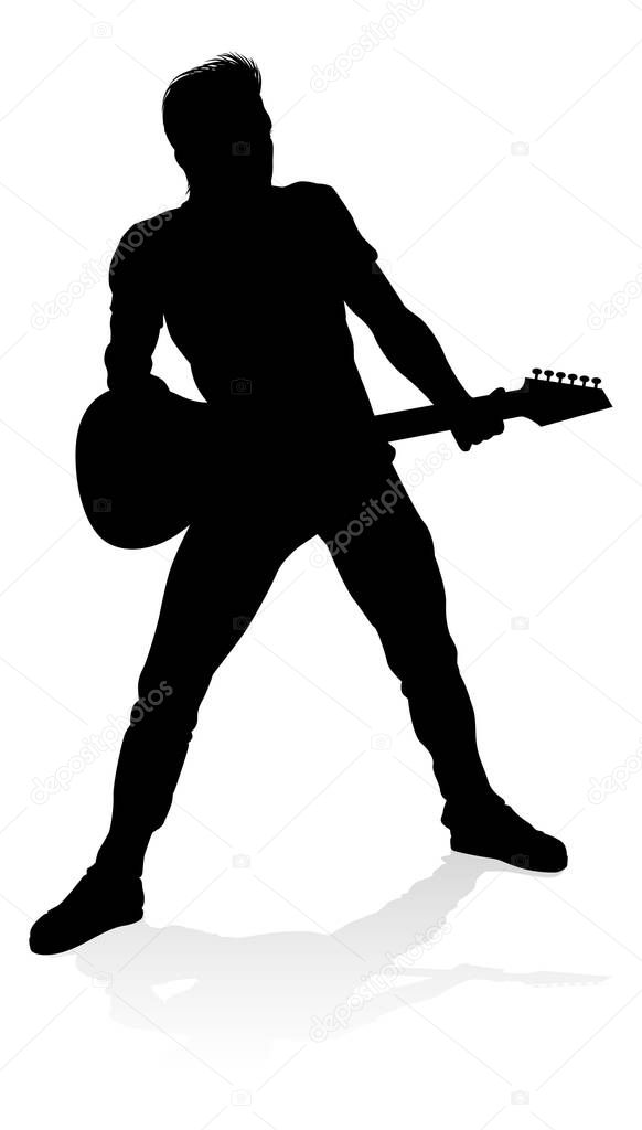 A guitarist musician in detailed silhouette playing his guitar musical instrument.