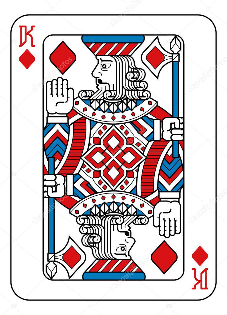 A playing card king of Diamonds in red, blue and black from a new modern original complete full deck design. Standard poker size.