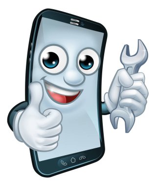 Cep telefonu onarım servisi ya da tamirci ya da tamirci olabilir. Çizgi film karakteri maskotu elinde anahtarla baş parmak işareti yapıyor..