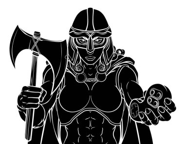 Dişi bir Viking, Trojan Spartan veya Kelt savaşçısı kadın gladyatör şövalye maskot video oyunları denetleyicisi