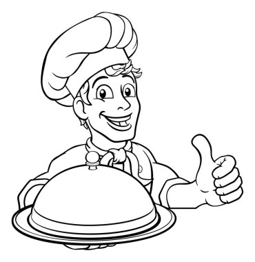 Gümüş bir tabak ya da kubbeli bir yemek tabağı taşıyan bir şef tabelanın üstünden bakıyor ve karikatür çiziyor..