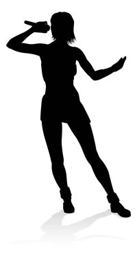 A woman singer pop, country music, rock star or even hiphop rapper artist vocalist singing in silhouette clipart