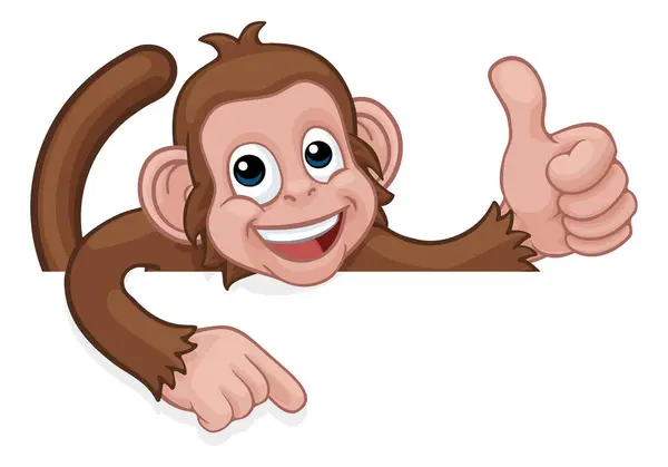 Monkey Cartoon Character Animal Peeking Sign Pointing While Doing Thumbs — Stock Vector