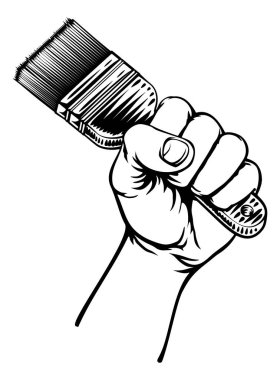 A fist hand holding a decorators paintbrush in a vintage intaglio woodcut engraved or retro propaganda style clipart