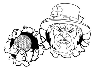 A leprechaun golf sports mascot holding a ball and tearing through the background. clipart
