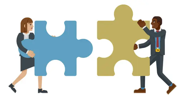 Ein Puzzleteil Puzzlecharakterkonzept Von Zwei Geschäftsleuten Die Partnerschaft Oder Als lizenzfreie Stockvektoren