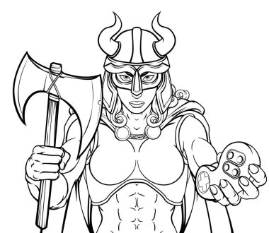 Bir Viking kadını ya da gladyatör kadın savaşçı oyun maskotu video oyunları kontrolörü