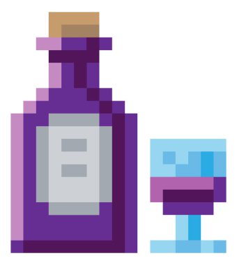 Wine bottle and glass 8 bit icon in a pixel 8 bit video game art style clipart